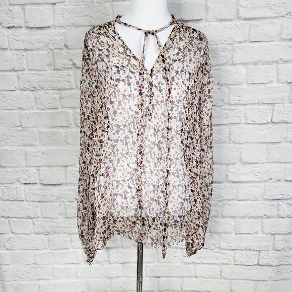Theory Top Silk Bernetta Floral Crinkle Chiffon Tie Neck Sheer Long Sleeve Sz L - Picture 2 of 13